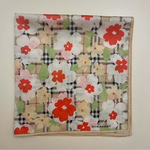 Burberry Red and White Floral Check Handkerchief. - Picture 5 of 5